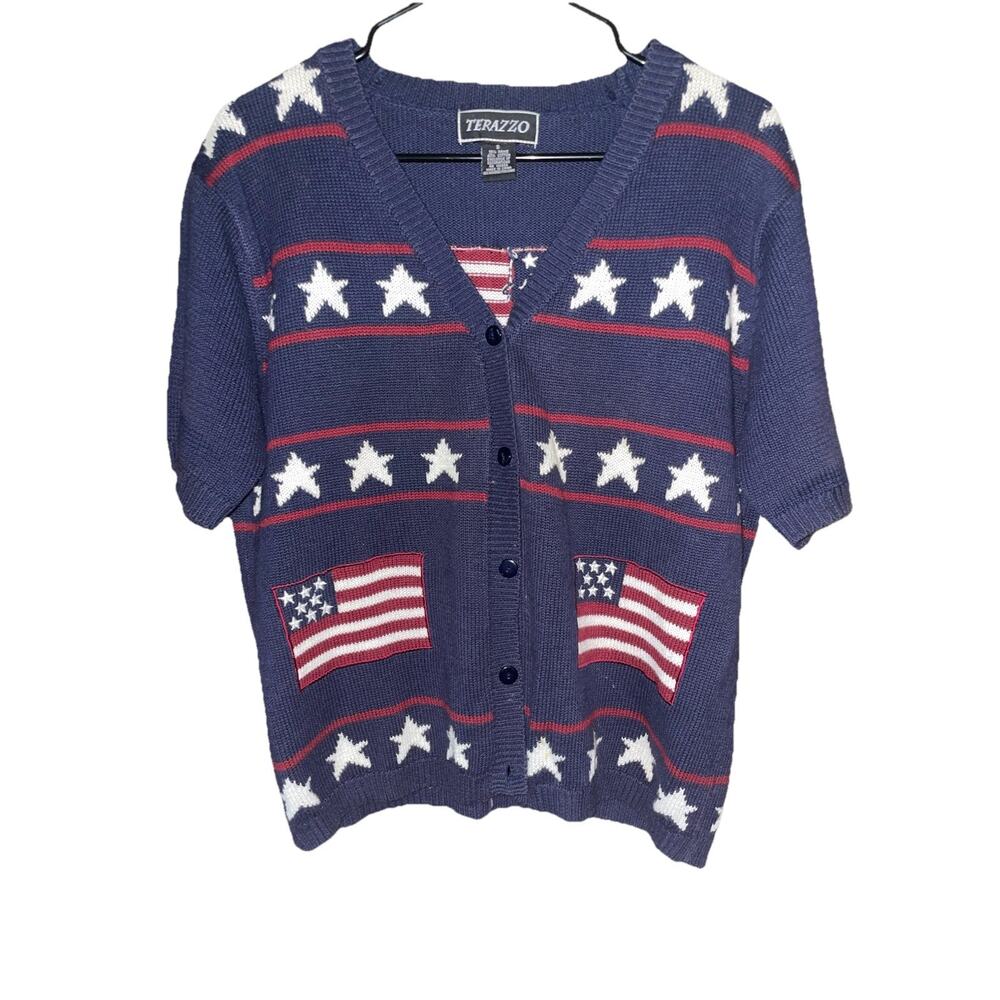 Vintage Terazzo Americana Patriotic Knit Cardigan Vest Button Down Sz S